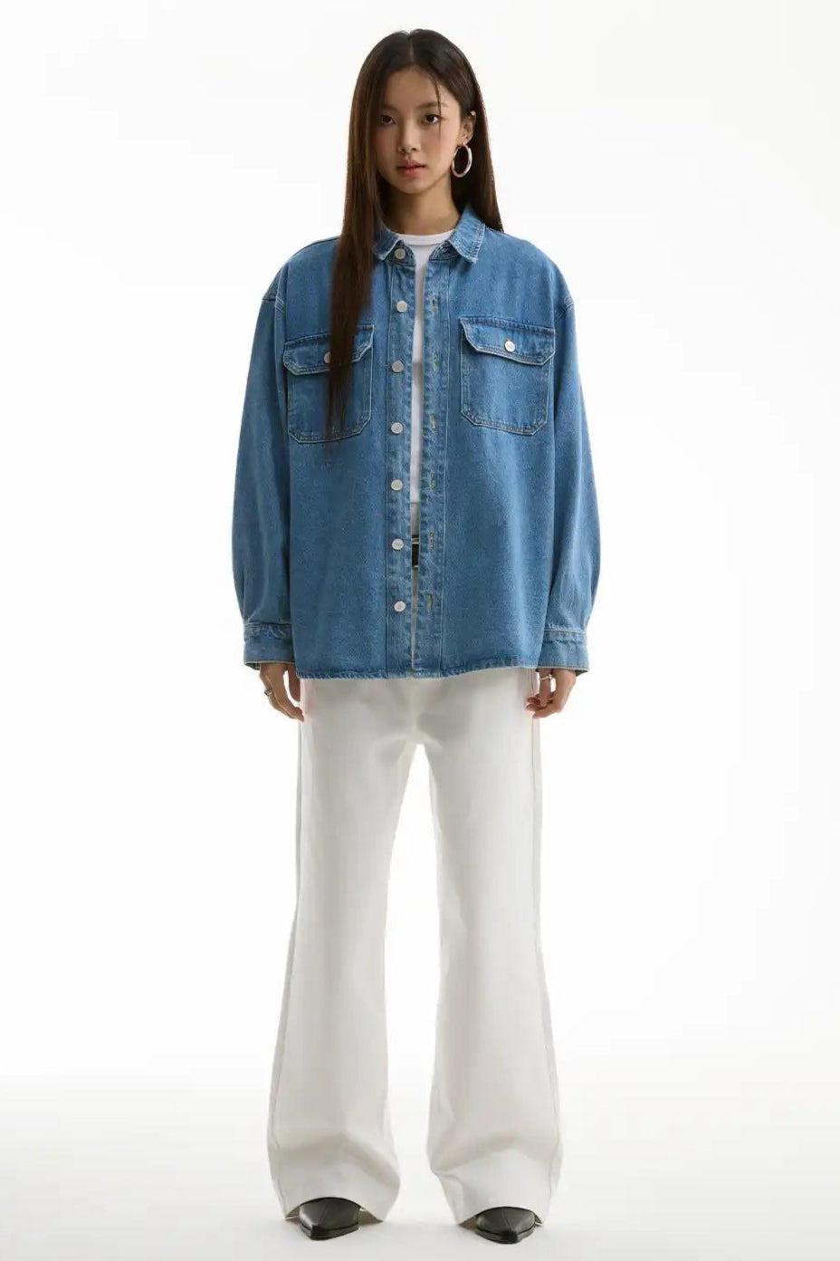 Washed Front Pockets Denim Shirt Korean Street Fashion Shirt By Funky Fun Shop Online at OH Vault