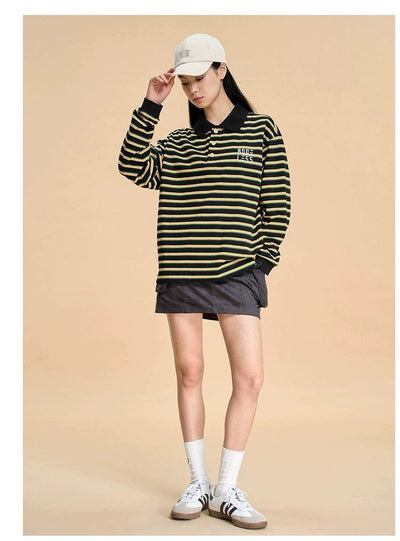 Logo Stripes Long Sleeve Polo Korean Street Fashion Polo By Boneless Shop Online at OH Vault