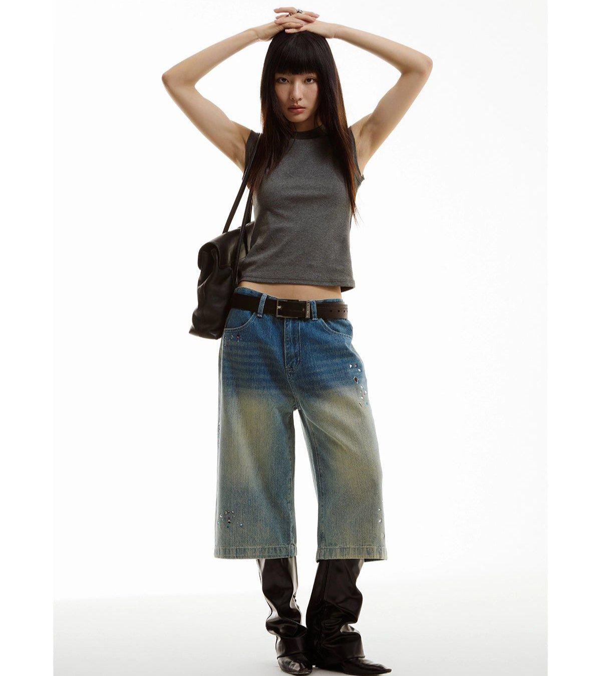 Faded and Stoned Denim Shorts Korean Street Fashion Shorts By Funky Fun Shop Online at OH Vault