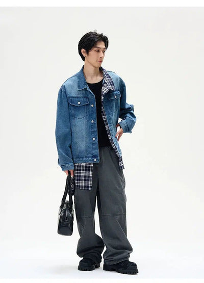 Stitched Plaid Denim Jacket Korean Street Fashion Jacket By 77Flight Shop Online at OH Vault