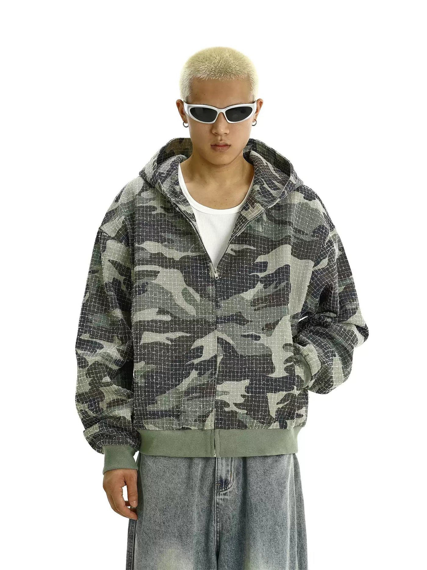 Distressed Camouflage Zip-Up Hoodie Korean Street Fashion Hoodie By MEBXX Shop Online at OH Vault