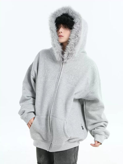 Embroidered Fur Lined Hood Zipped Hoodie Korean Street Fashion Hoodie By INS Korea Shop Online at OH Vault