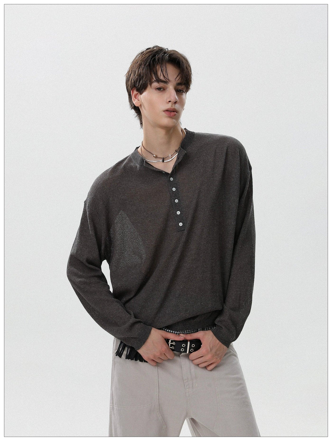 Thin Sheer Henley Collar Sweater Korean Street Fashion Sweater By Mr Nearly Shop Online at OH Vault
