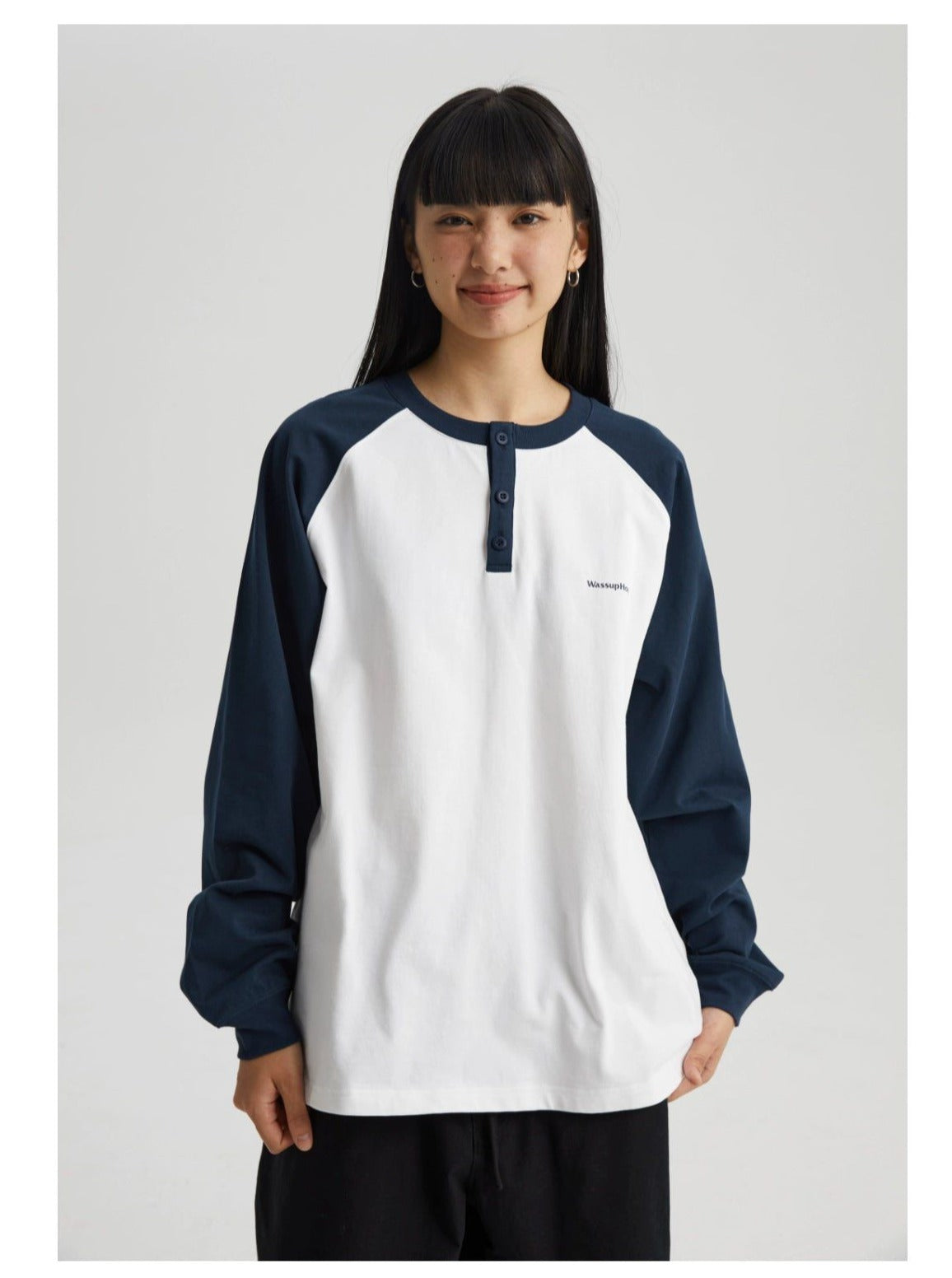 Contrast Sleeves Henley Long Sleeve T-Shirt Korean Street Fashion T-Shirt By WASSUP Shop Online at OH Vault