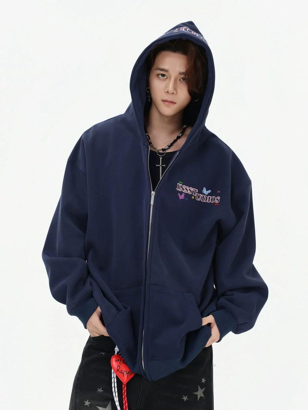 Logo Stitched Zip-Up Hoodie Korean Street Fashion Hoodie By INS Korea Shop Online at OH Vault