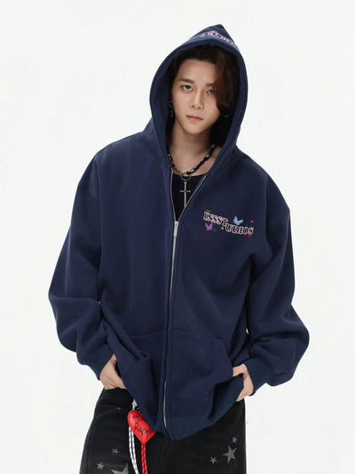 Logo Stitched Zip-Up Hoodie Korean Street Fashion Hoodie By INS Korea Shop Online at OH Vault