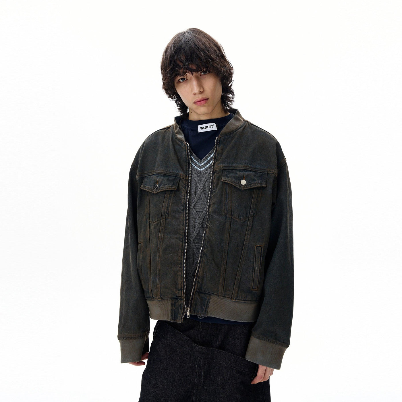 Distressed Wash Ribbed Hem Denim Jacket Korean Street Fashion Jacket By 77Flight Shop Online at OH Vault