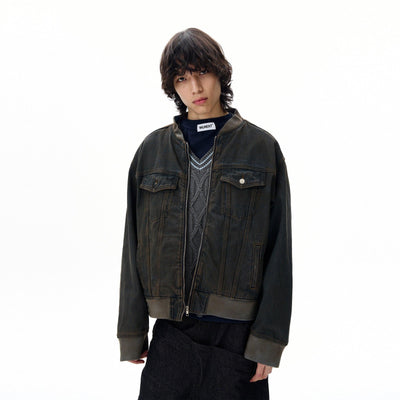 Distressed Wash Ribbed Hem Denim Jacket Korean Street Fashion Jacket By 77Flight Shop Online at OH Vault