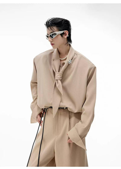 Textured Scarf Detail Shirt & Wide Pants Set Korean Street Fashion Clothing Set By Argue Culture Shop Online at OH Vault
