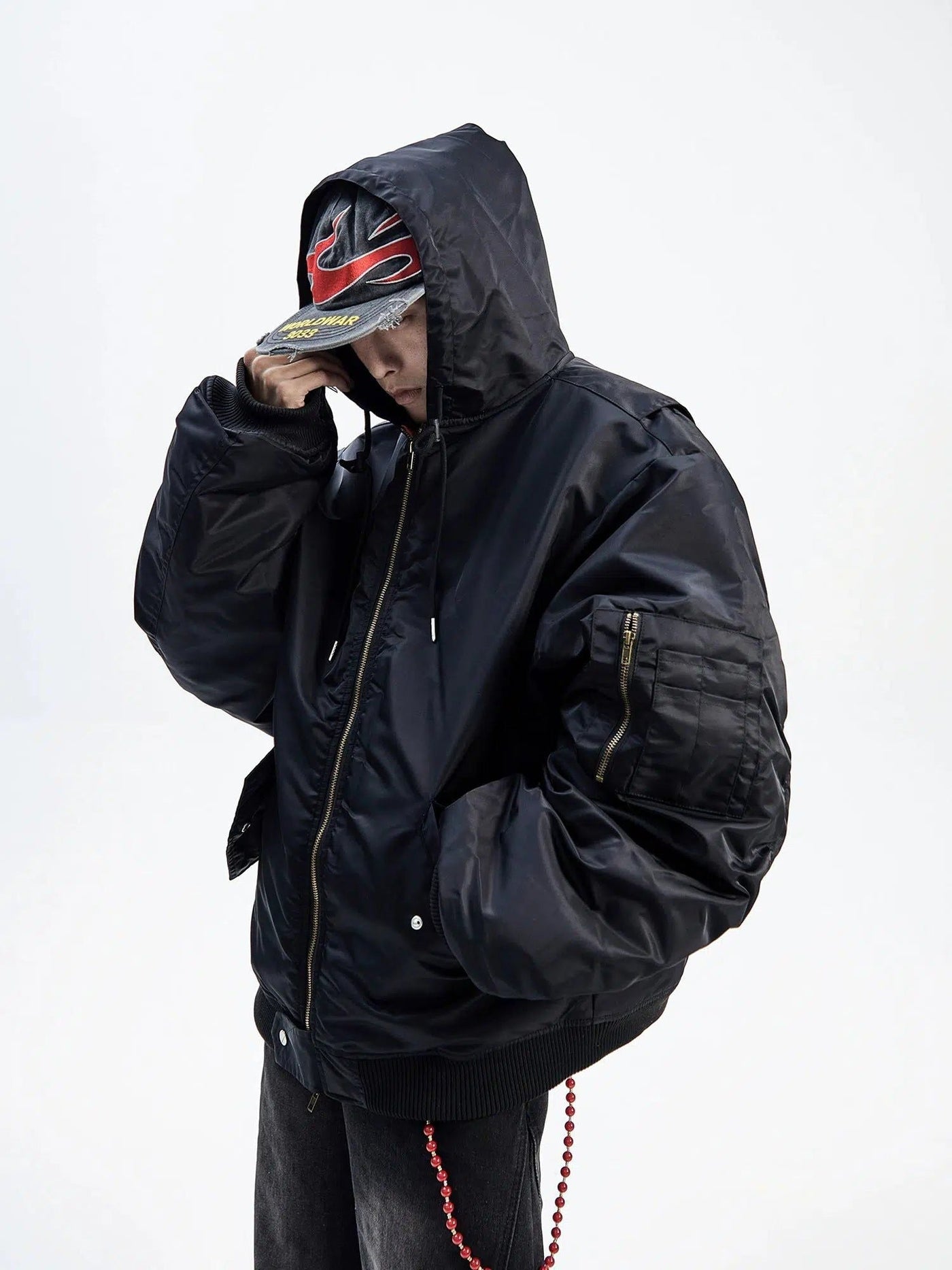 Drawcord Hooded Bomber Jacket Korean Street Fashion Jacket By Ash Dark Shop Online at OH Vault