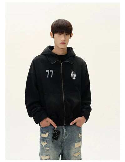 Badge Detail Zip-Up Hoodie Korean Street Fashion Hoodie By A PUEE Shop Online at OH Vault