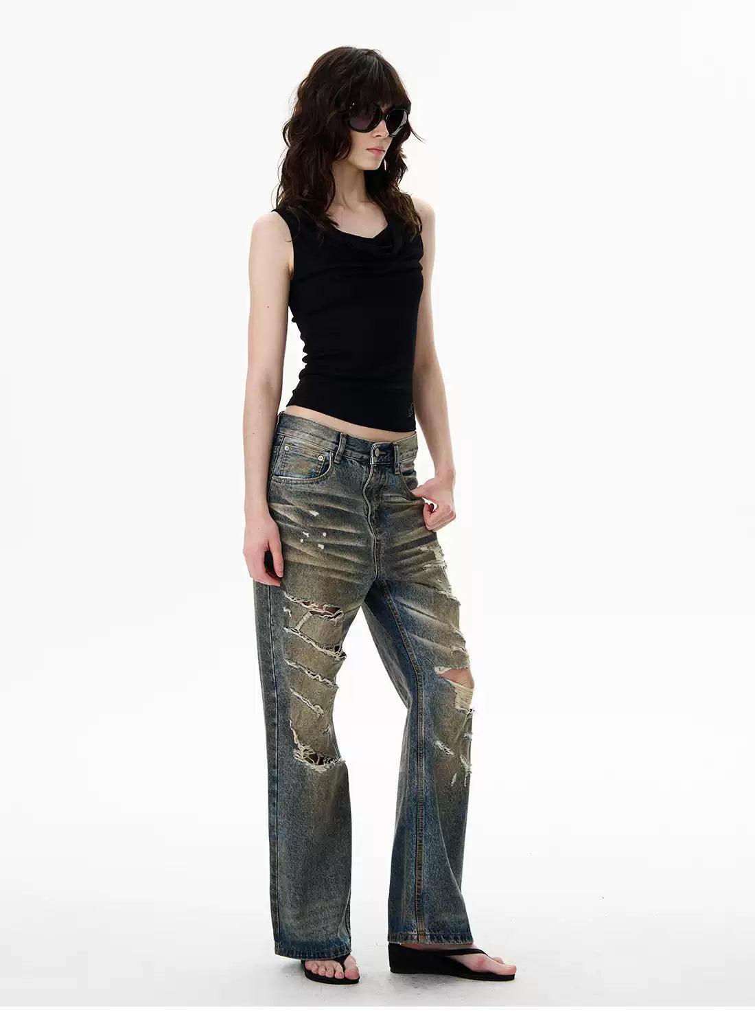 Distressed and Whisker Faded Straight Jeans Korean Street Fashion Jeans By 77Flight Shop Online at OH Vault