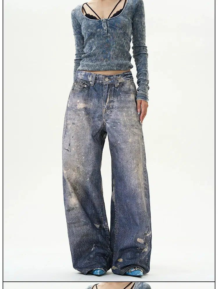 Paint Stained Wide Jeans Korean Street Fashion Jeans By 77Flight Shop Online at OH Vault