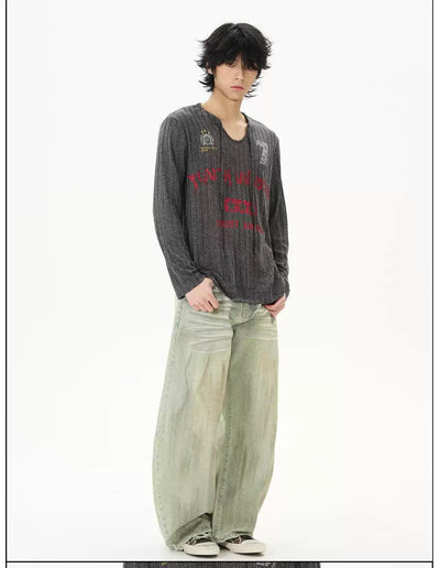 Mud Washed Loose Scimitar Jeans Korean Street Fashion Jeans By 77Flight Shop Online at OH Vault