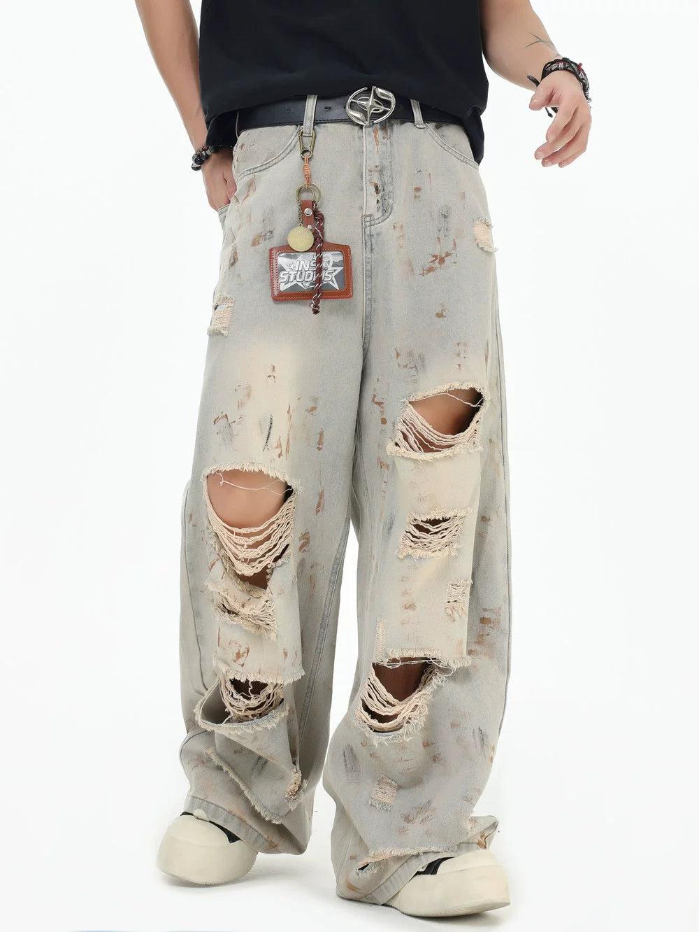Smudged & Distressed Loose Jeans Korean Street Fashion Jeans By INS Korea Shop Online at OH Vault