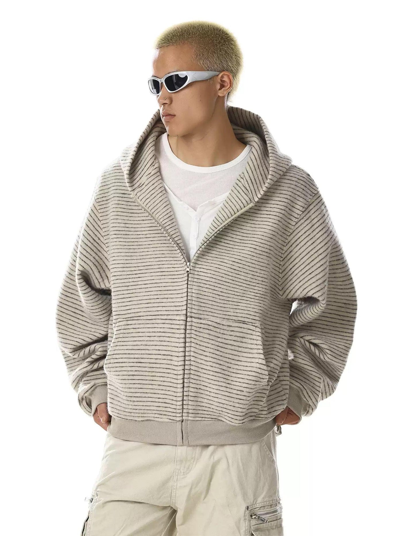 Striped Boxy Fit Zip-Up Hoodie Korean Street Fashion Hoodie By MEBXX Shop Online at OH Vault