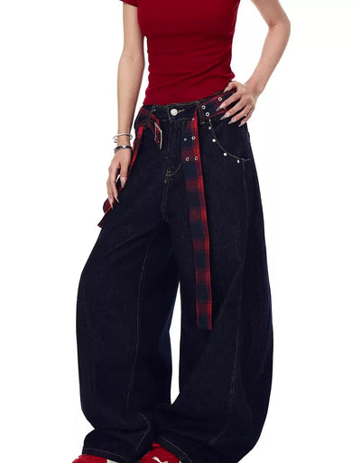 Plaid Splice Belt Wide Jeans Korean Street Fashion Jeans By Blacklists Shop Online at OH Vault
