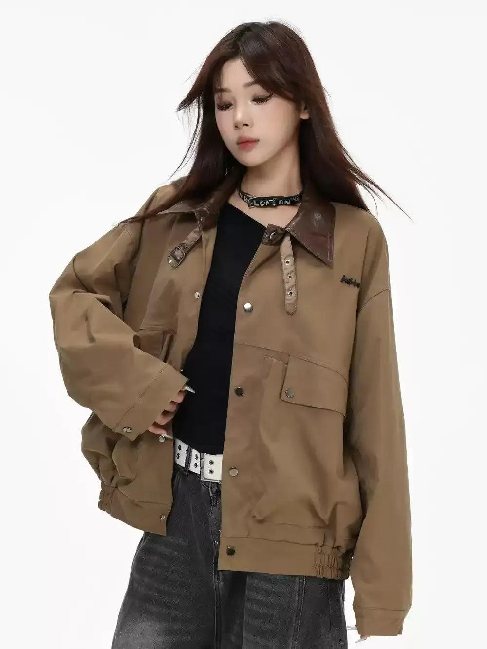 Ruched Hem PU Leather Collar Jacket Korean Street Fashion Jacket By INS Korea Shop Online at OH Vault