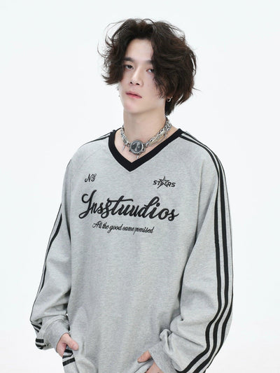 Three-Bar Contrast Sporty Long Sleeve T-Shirt Korean Street Fashion T-Shirt By INS Korea Shop Online at OH Vault