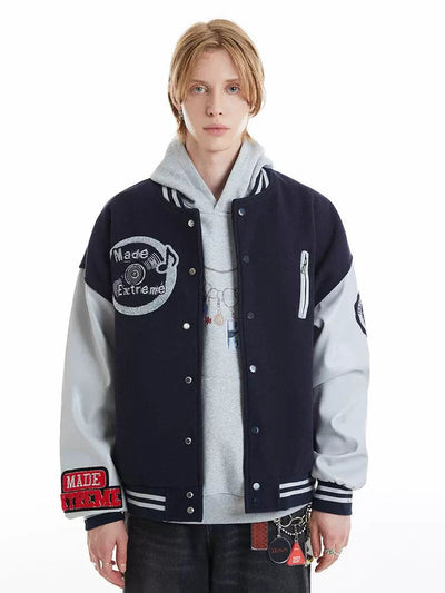 Stitched Logo Detail Varsity Jacket Korean Street Fashion Jacket By Made Extreme Shop Online at OH Vault