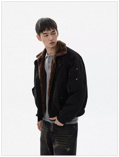 Fur-Trimmed Ribbed Hem Bomber Jacket Korean Street Fashion Jacket By Mr Nearly Shop Online at OH Vault