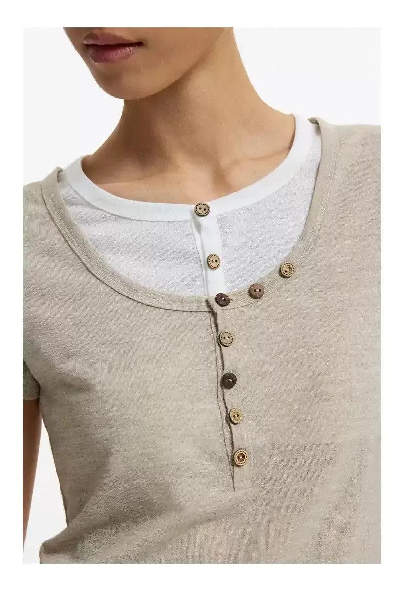 Layered and Buttoned T-Shirt Korean Street Fashion T-Shirt By Conp Conp Shop Online at OH Vault