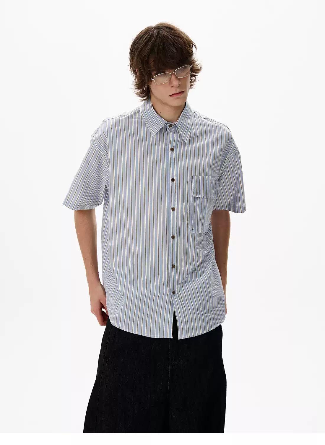 Front Flap Pocket Striped Shirt Korean Street Fashion Shirt By 77Flight Shop Online at OH Vault
