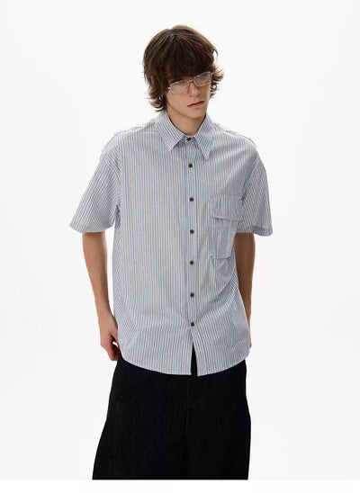 Front Flap Pocket Striped Shirt Korean Street Fashion Shirt By 77Flight Shop Online at OH Vault