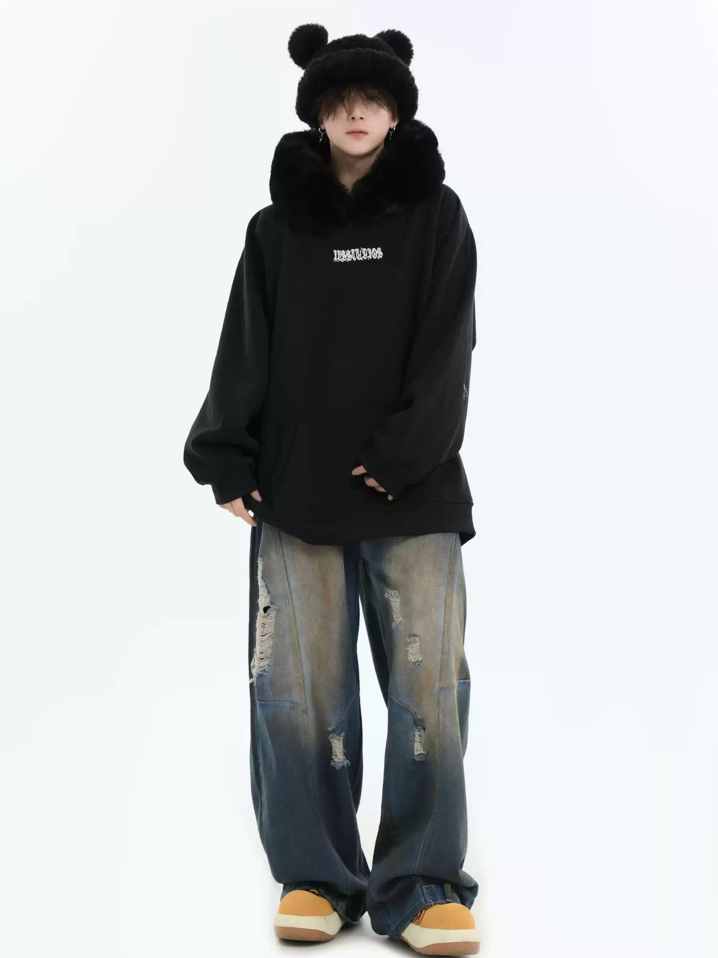 Distressed Spots Loose Faded Jeans Korean Street Fashion Jeans By INS Korea Shop Online at OH Vault