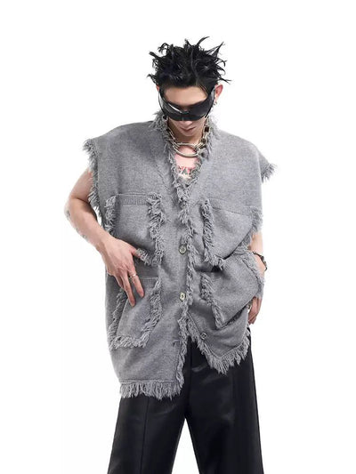 Raw Edge Knit V-Neck Vest Korean Street Fashion Vest By Slim Black Shop Online at OH Vault