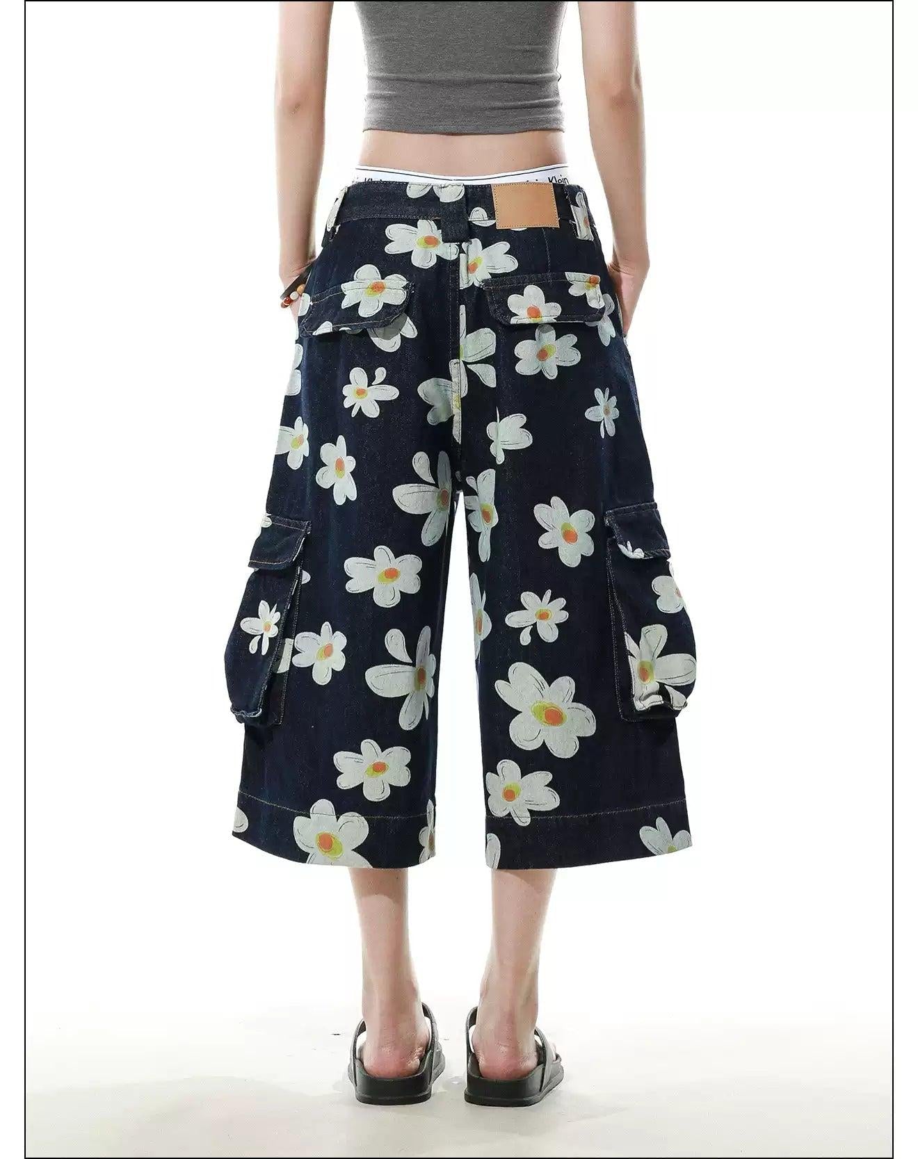 Flower Pattern Cargo Denim Shorts Korean Street Fashion Shorts By Mr Nearly Shop Online at OH Vault
