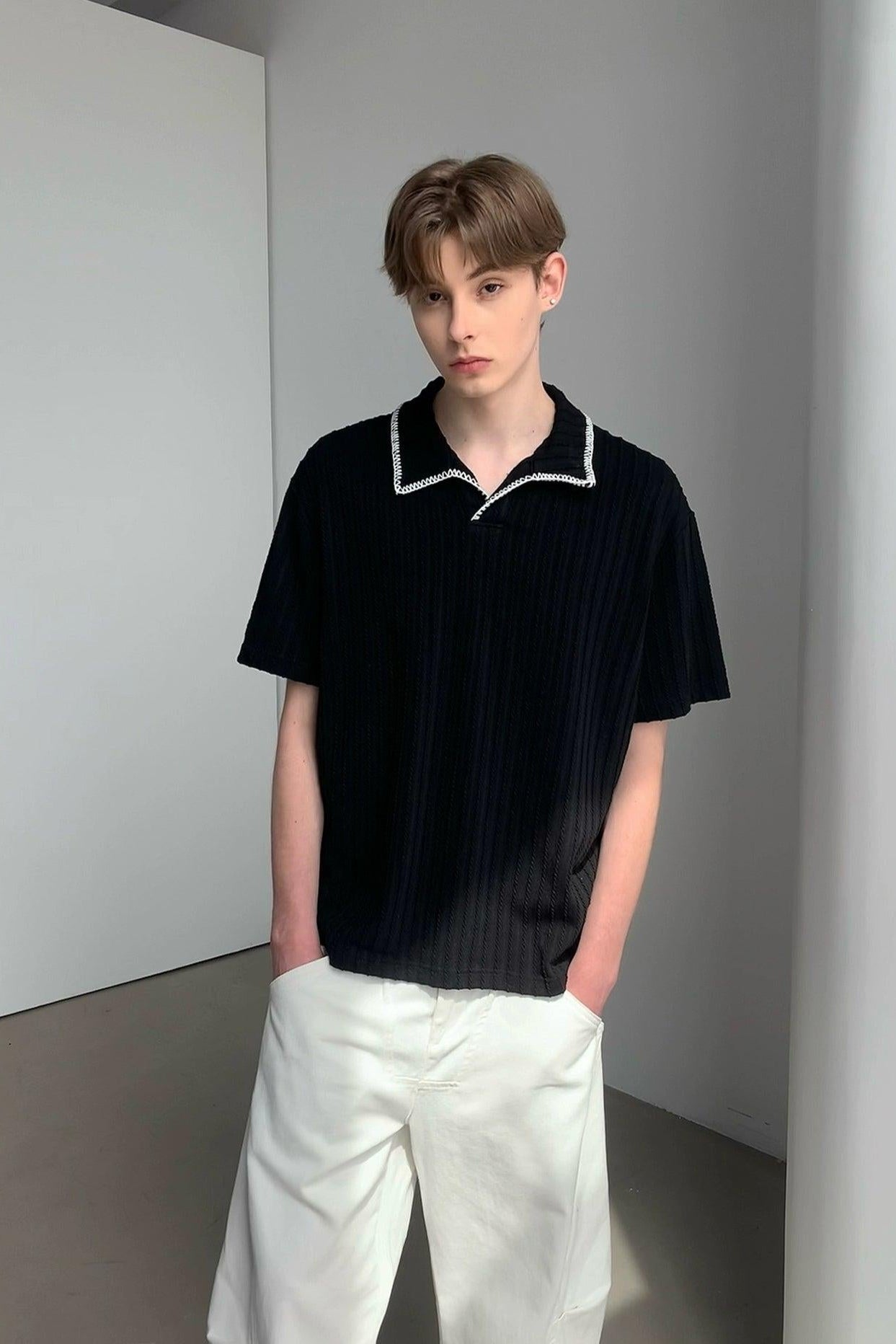 Stitched Outline Collar Knit T-Shirt Korean Street Fashion T-Shirt By MaxDstr Shop Online at OH Vault