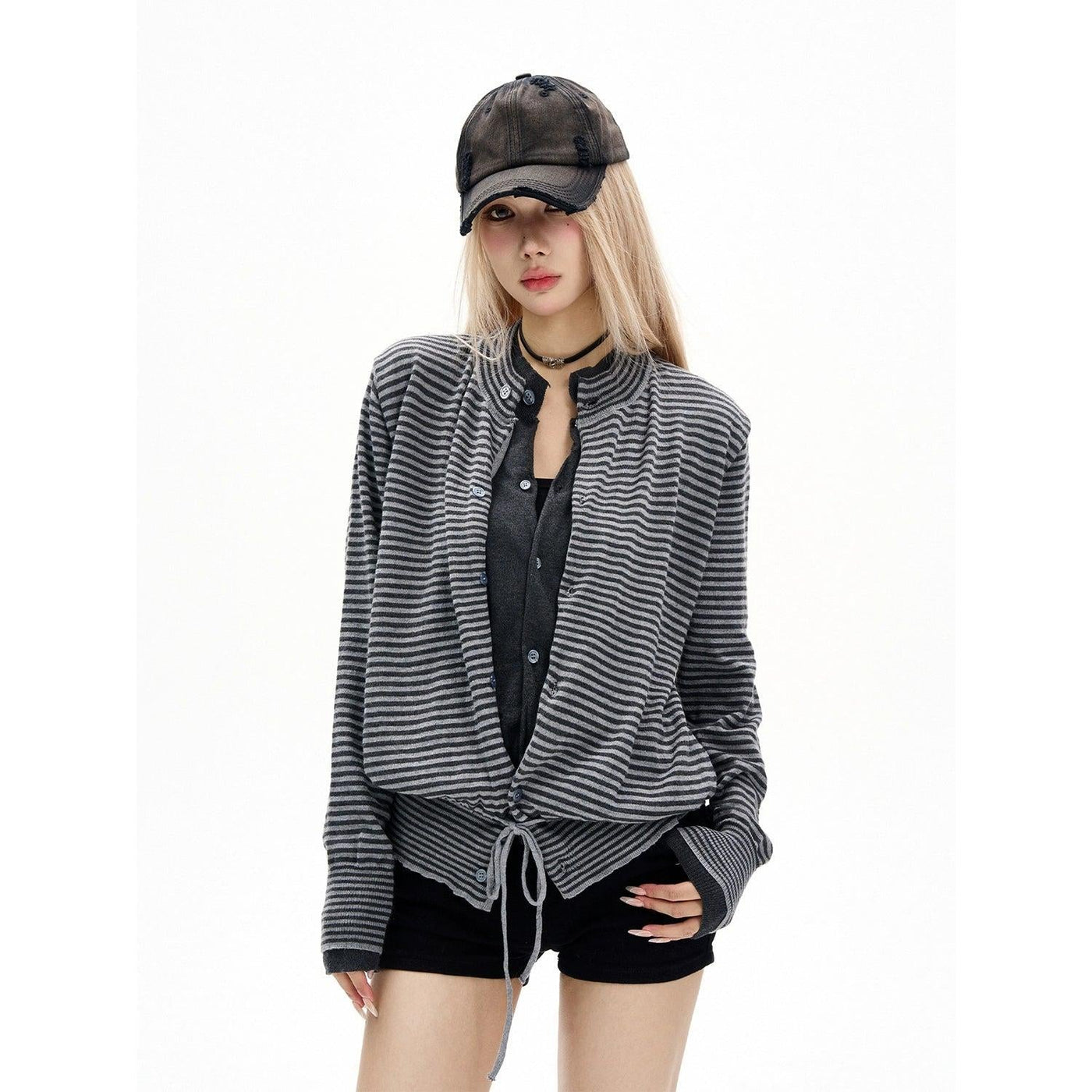 Drawstring Striped Cardigan Korean Street Fashion Cardigan By MaxDstr Shop Online at OH Vault