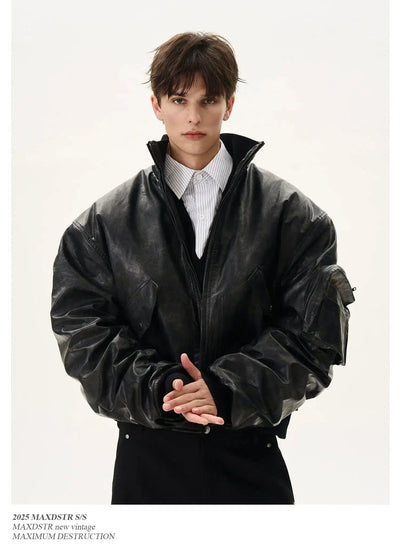 Stand Collar PU Leather Bomber Jacket Korean Street Fashion Jacket By MaxDstr Shop Online at OH Vault