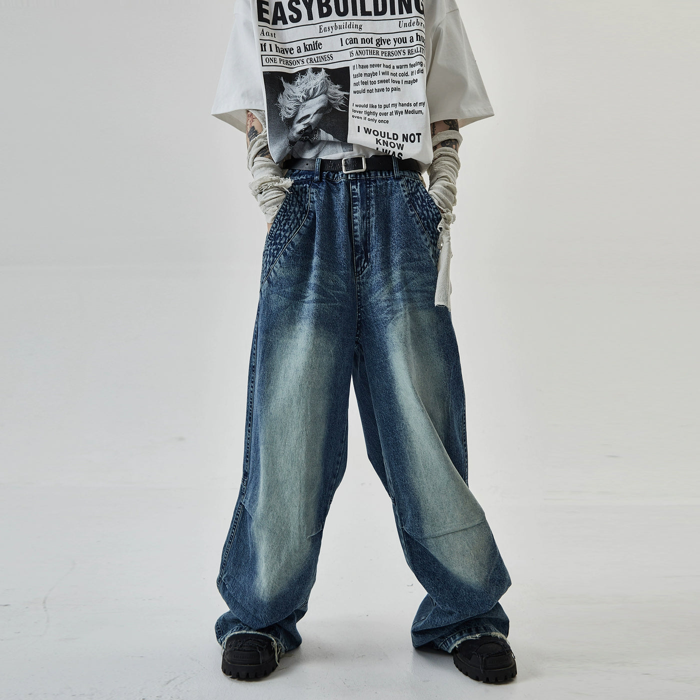 Side Pocket Faded Jeans Korean Street Fashion Jeans By Ash Dark Shop Online at OH Vault