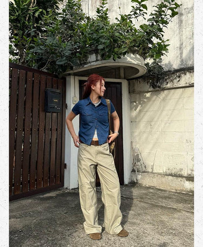 Breast Pockets Slim Fit Denim Shirt Korean Street Fashion Shirt By Made Extreme Shop Online at OH Vault