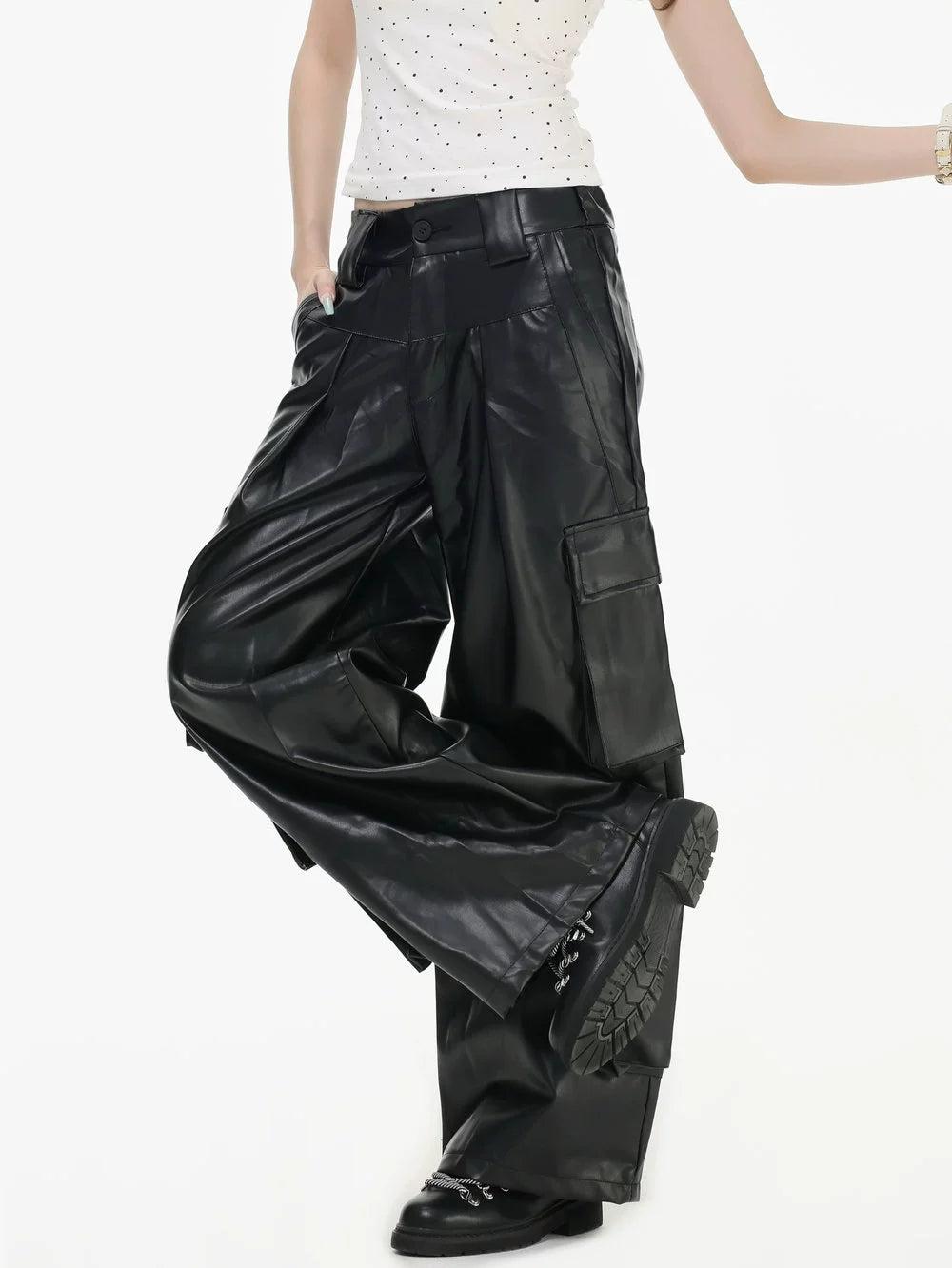 Multi Flap Pocket Faux Leather Pants Korean Street Fashion Pants By INS Korea Shop Online at OH Vault