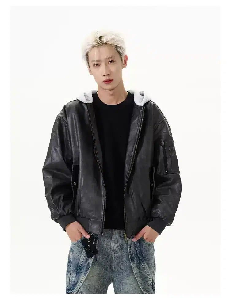 Clean Fit Contrast Hooded PU Leather Jacket Korean Street Fashion Jacket By A PUEE Shop Online at OH Vault