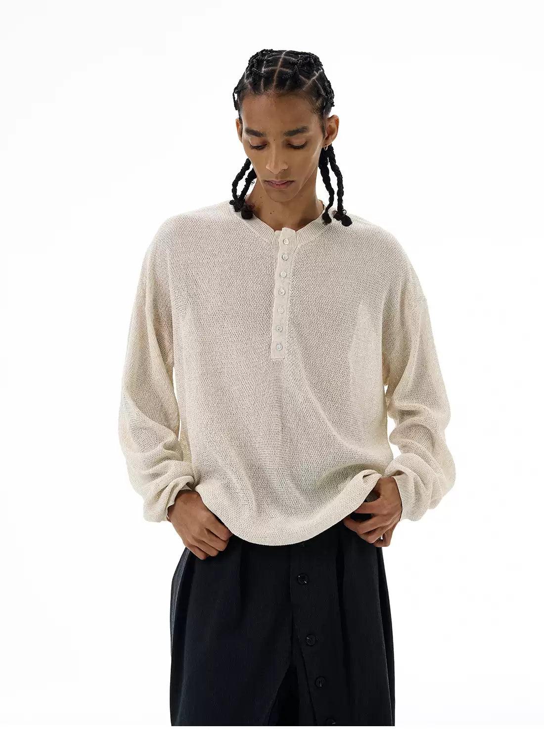 Henley Button Knit Long Sleeve T-Shirt Korean Street Fashion T-Shirt By 77Flight Shop Online at OH Vault