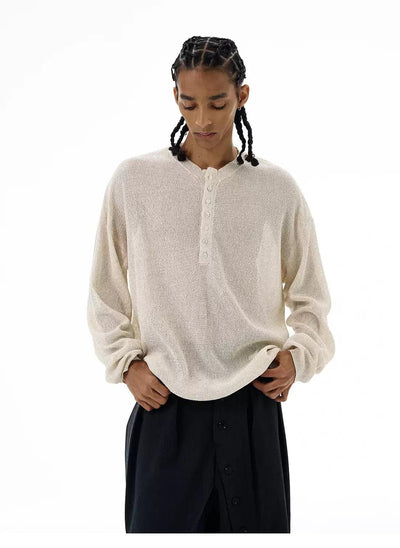 Henley Button Knit Long Sleeve T-Shirt Korean Street Fashion T-Shirt By 77Flight Shop Online at OH Vault