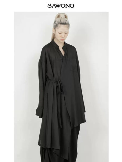 Side Tie Drapey Long Shirt Korean Street Fashion Shirt By SAWong Shop Online at OH Vault