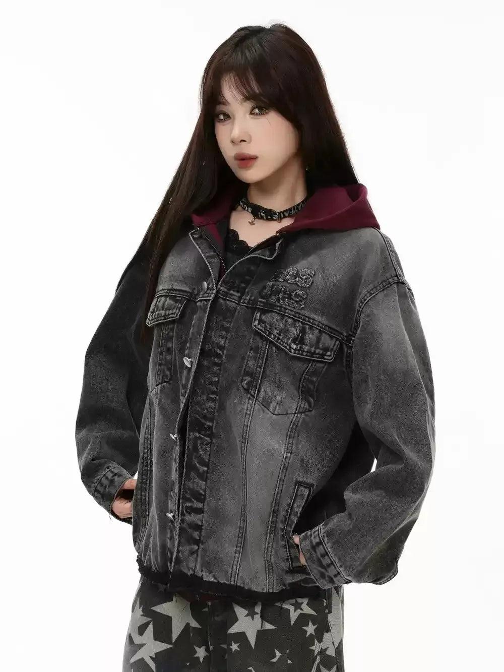 Hood Layered Washed Denim Jacket Korean Street Fashion Jacket By INS Korea Shop Online at OH Vault