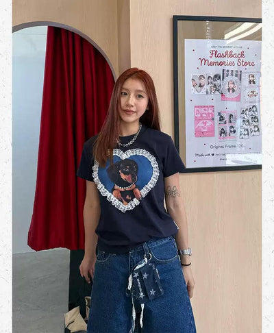 Laced Heart Dog Graphic Print T-Shirt Korean Street Fashion T-Shirt By Made Extreme Shop Online at OH Vault