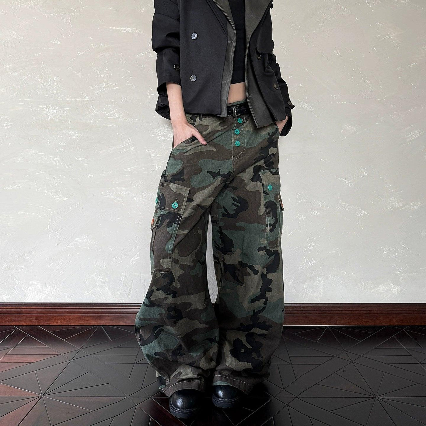 Contrast Button-Down Camo Cargo Pants Korean Street Fashion Pants By A PUEE Shop Online at OH Vault