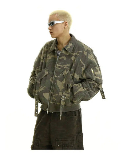 Washed Camo Buckled Strap Jacket Korean Street Fashion Jacket By MEBXX Shop Online at OH Vault