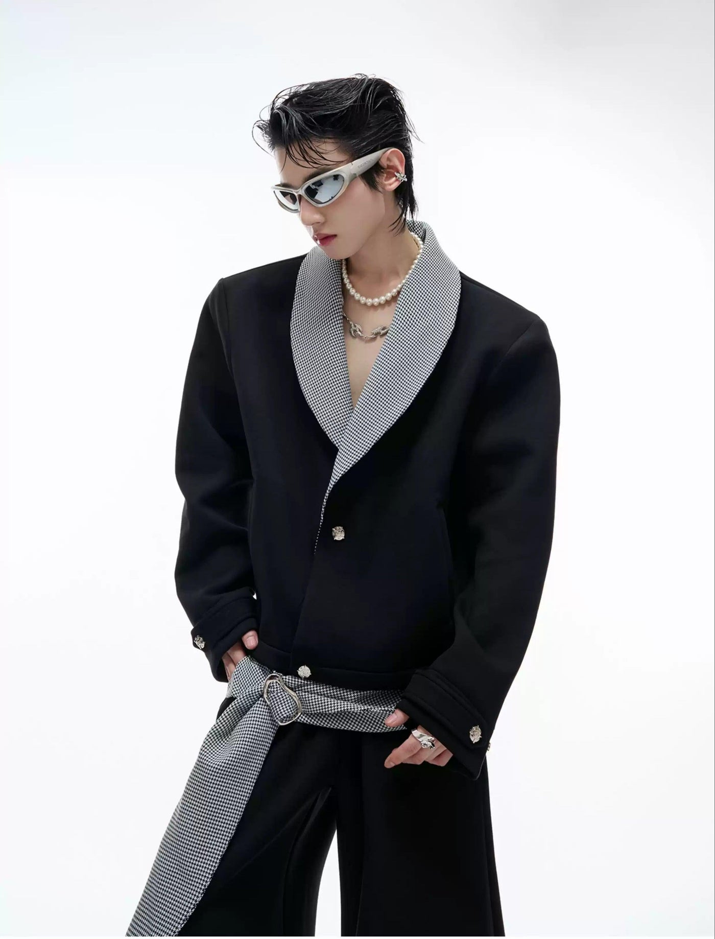 Spliced Houndstooth V-Neck Blazer& Lace-Up Drape Pants Set Korean Street Fashion Clothing Set By Argue Culture Shop Online at OH Vault