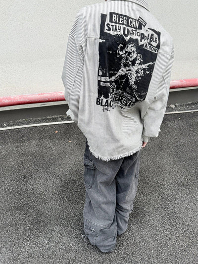 Chic Frayed & Striped L/S Shirt Korean Street Fashion Shirt By Ash Dark Shop Online at OH Vault