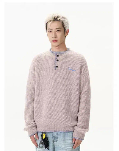 Contrast Collar Buttoned Sweater Korean Street Fashion Sweater By A PUEE Shop Online at OH Vault