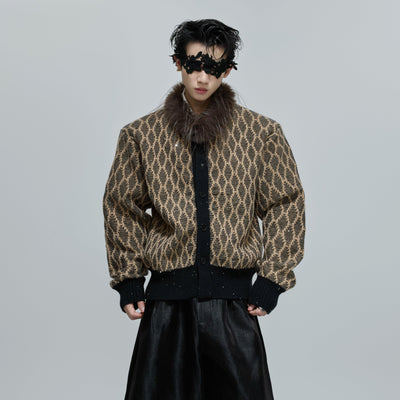 Faux Fur Neck Patterned Jacket Korean Street Fashion Jacket By Argue Culture Shop Online at OH Vault