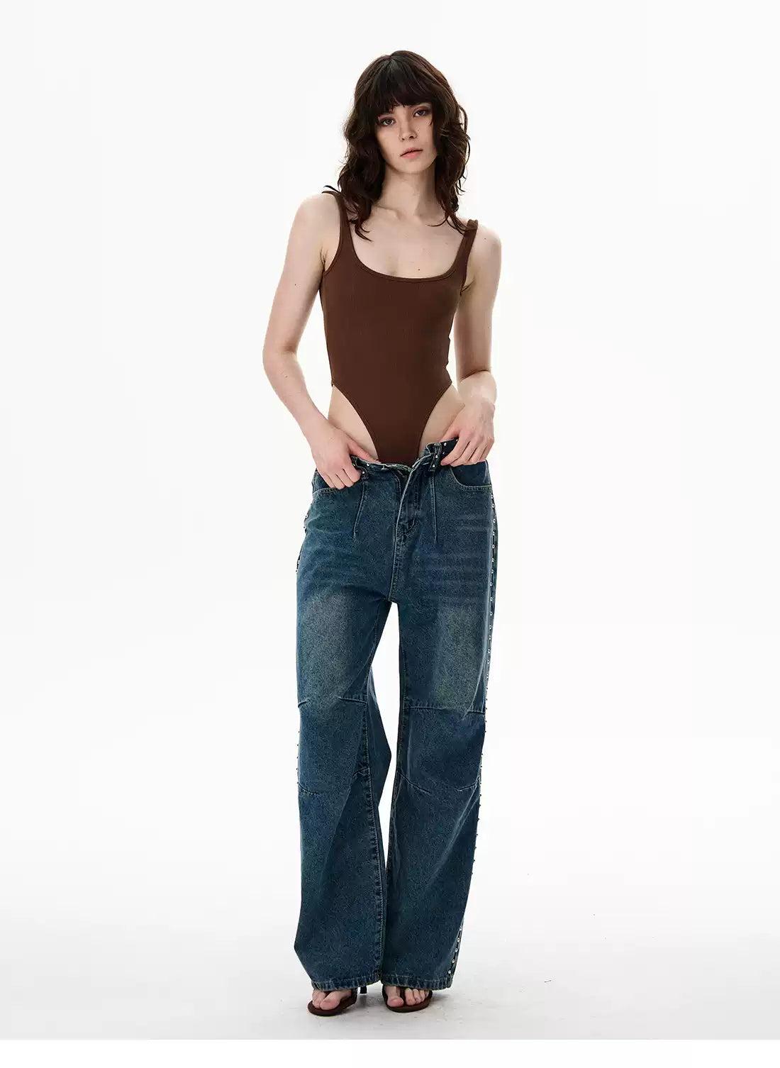 Faded Rhinestone Details Straight Jeans Korean Street Fashion Jeans By 77Flight Shop Online at OH Vault